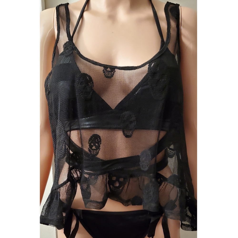 Hot topic Small Goth skull mesh swim cover up crop top